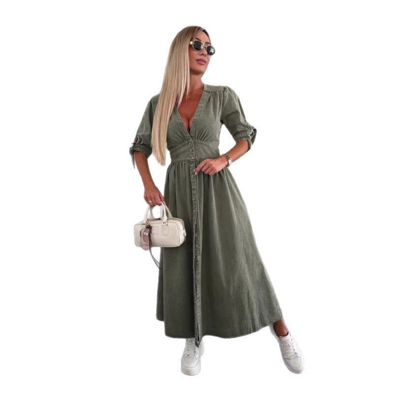 V-neck Short Sleeve Loose Denim Long Button Dress