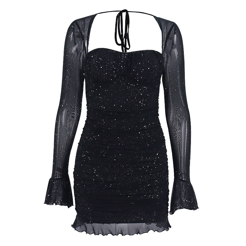 European And American Sexy See-through Steel Ring Sequin Gauze Long Sleeve Dress