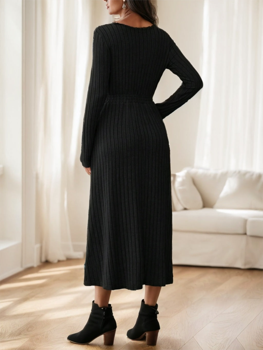 Women's Fall Solid Color Casual Long Sleeve Midi Dress With Belt Decoration