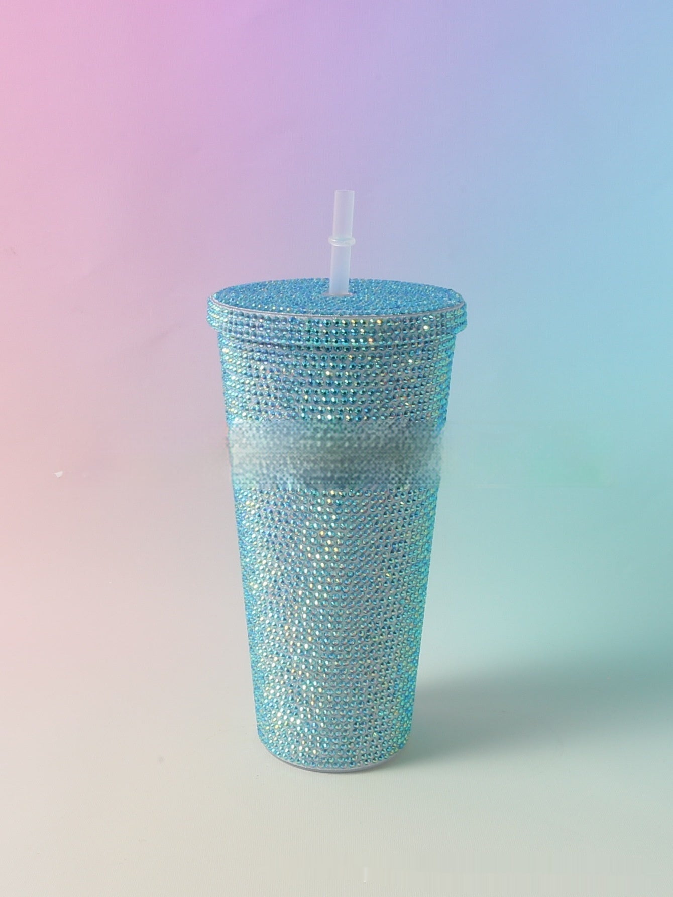 Stick-on Crystals Double-layer Large Capacity Cup With Straw