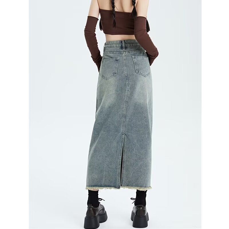 Retro Women's High Waist Denim Skirt Women's Mid-length Versatile Hem Tassel Hip Skirt