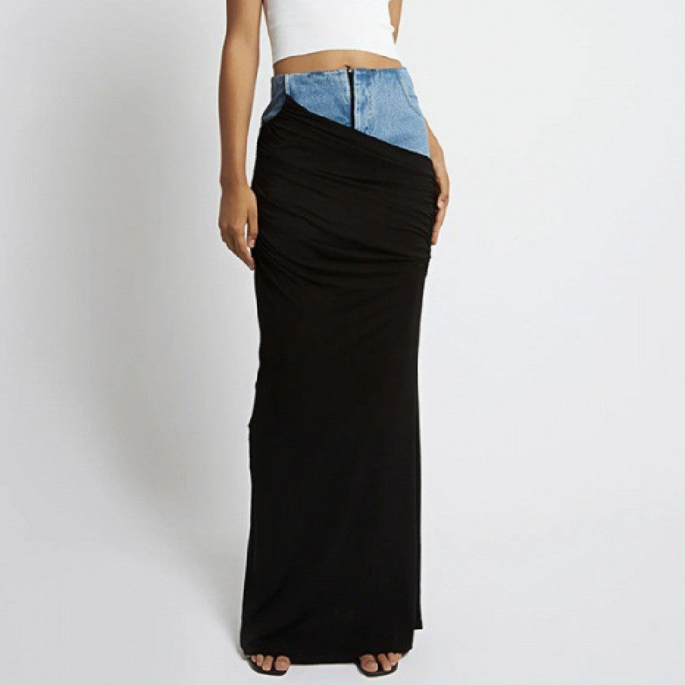 Fashion Black Panel Denim Skirt