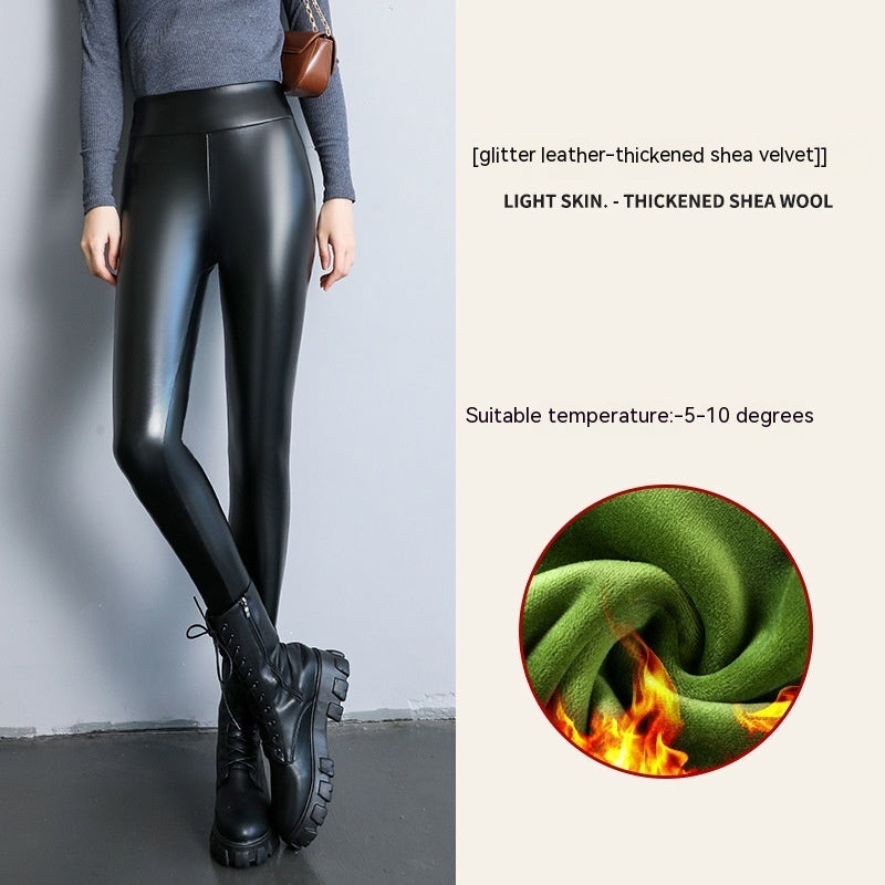 PU Fleece-lined High Waist Slimming Windproof Waterproof Leggings