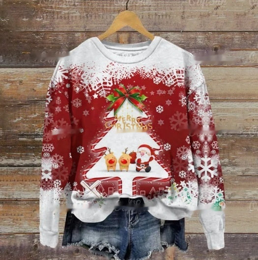 Autumn And Winter Ladies Funny Print Christmas Holiday Casual Round Neck Sweater