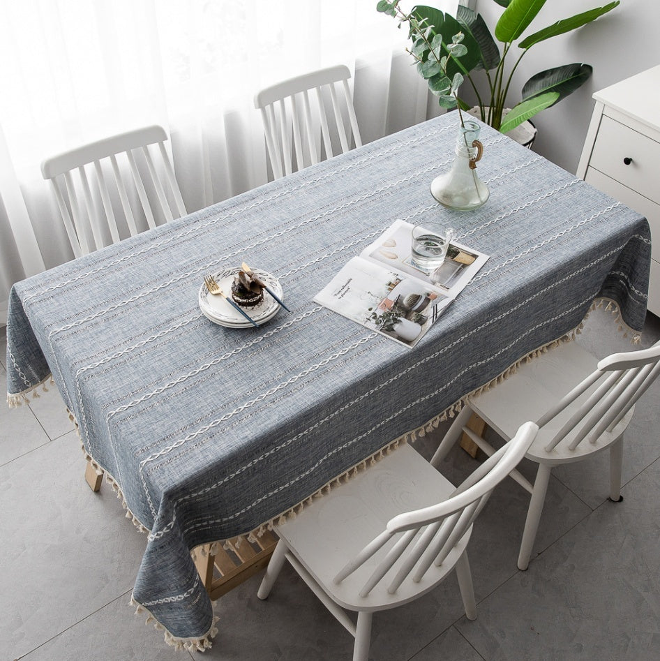 Cotton Linen Tablecloth Solid Color Hollow Striped Design Cover Cloth