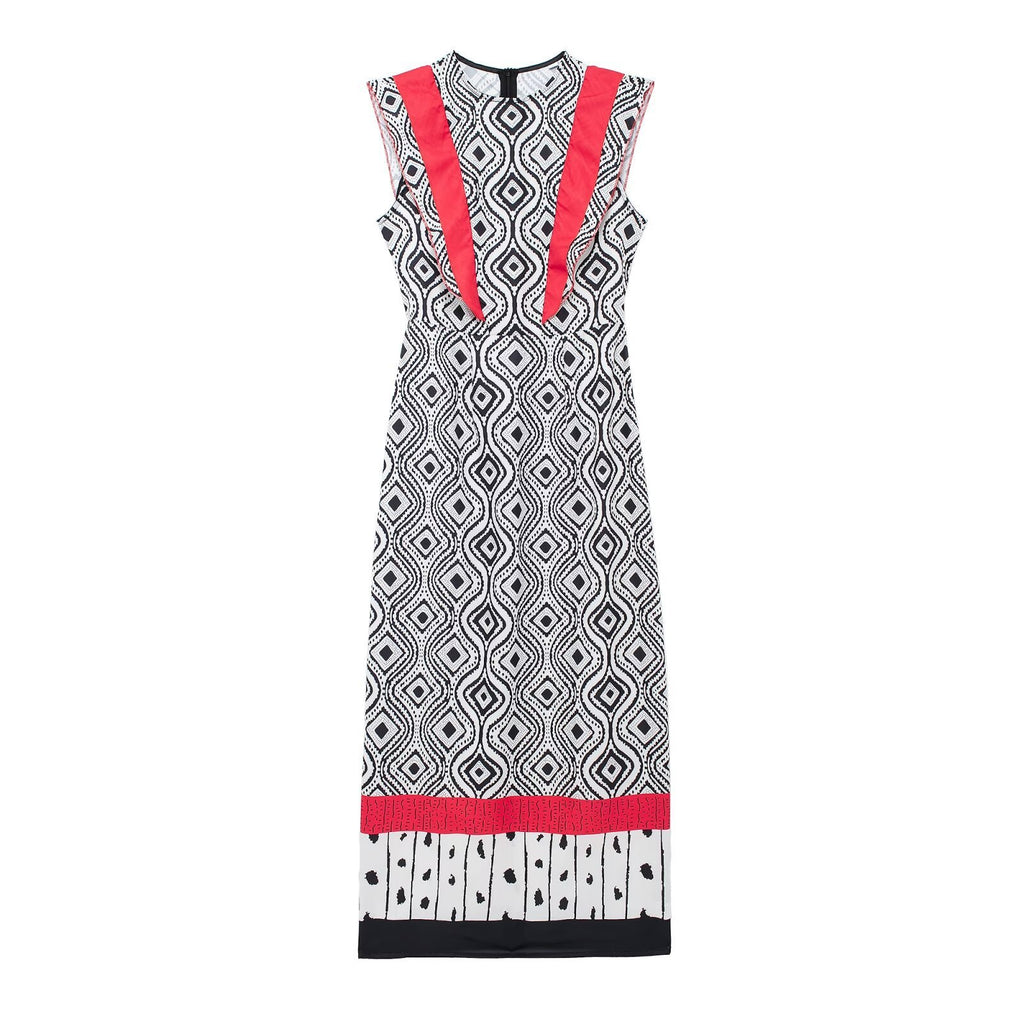 Retro Style Sleeveless Dress Color Collision Design Waist Trimming Printing