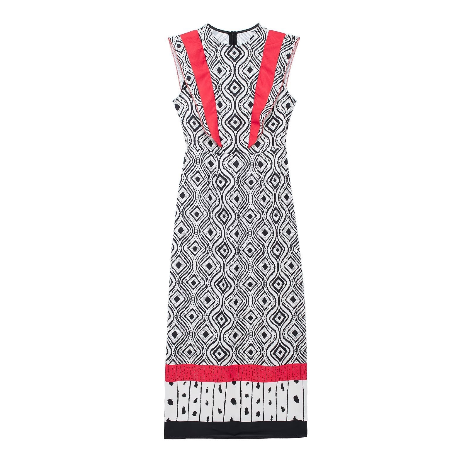 Retro Style Sleeveless Dress Color Collision Design Waist Trimming Printing