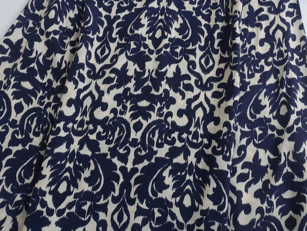 New Women's Stand Collar Printed Long Sleeve Waist-controlled Lace-up Dress