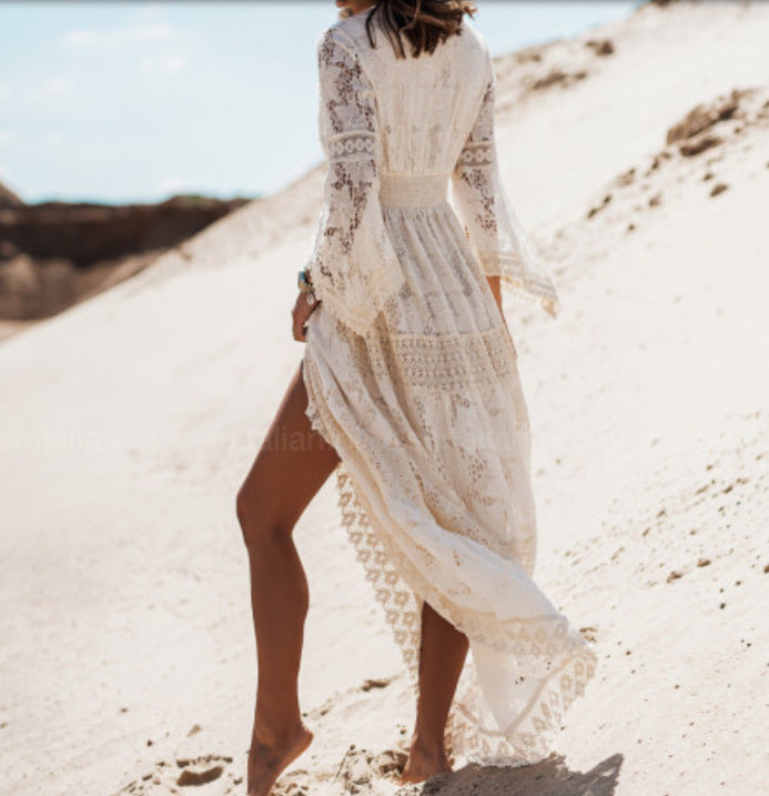 Lace Stitching Lace Fringed Flared Long Skirt