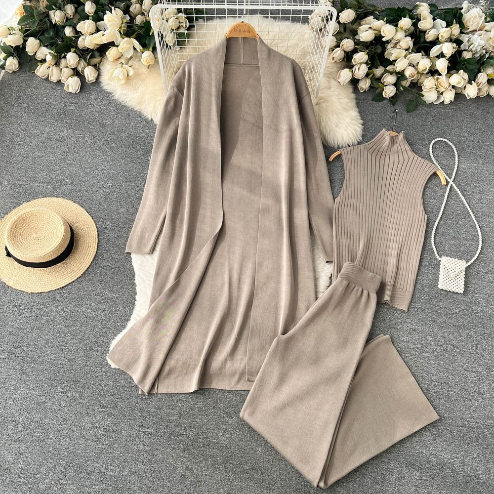 Autumn New Lazy And Loose Knitting Suit Women's Long Shawl Cardigan Turtleneck Sweater Wide Leg Pants Three-piece Set