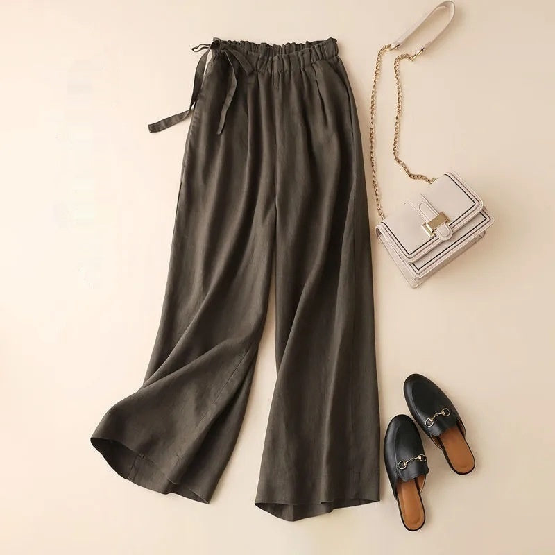 High Waist Side Lace-up Retro Art Elastic-waist Casual Pants For Women