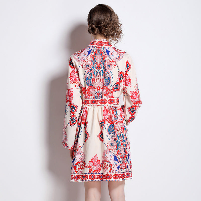 European And American Style Positioning Pattern V-neck Slimming Long Sleeves Dress