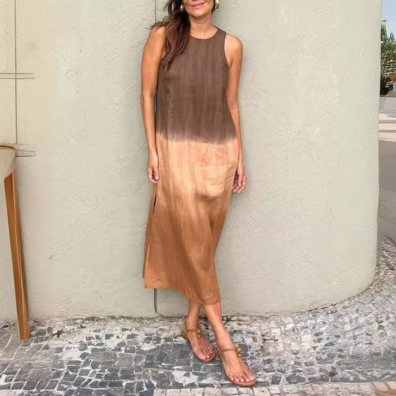 Summer Fashion Round Neck Sleeveless Color Matching Tencel Dress