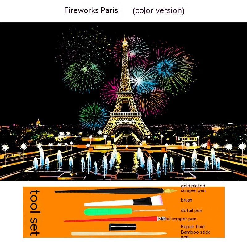 Colourful City Night Scene Hand Scratch Painting