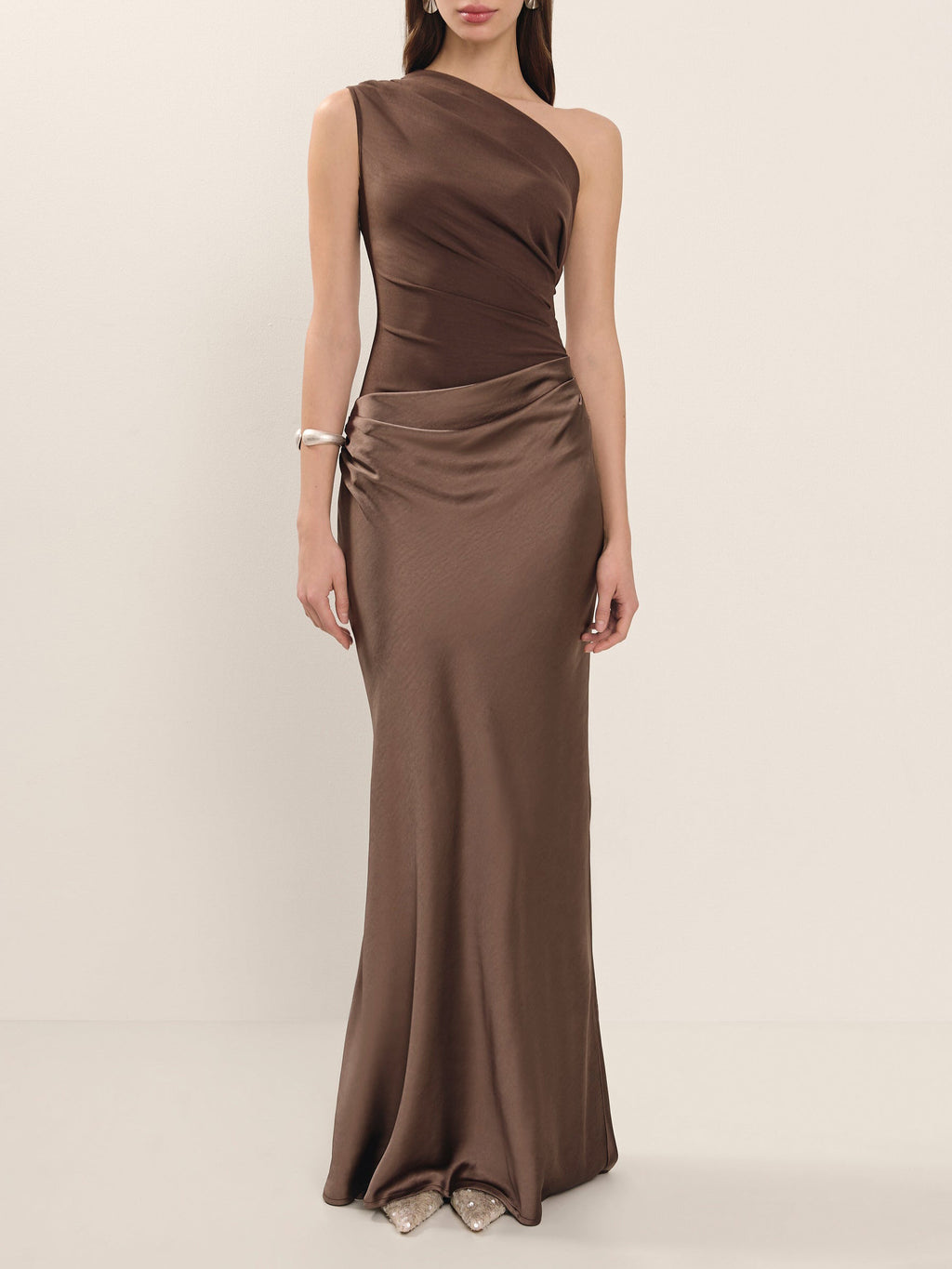 Brown One Shoulder Paneled Satin Dress