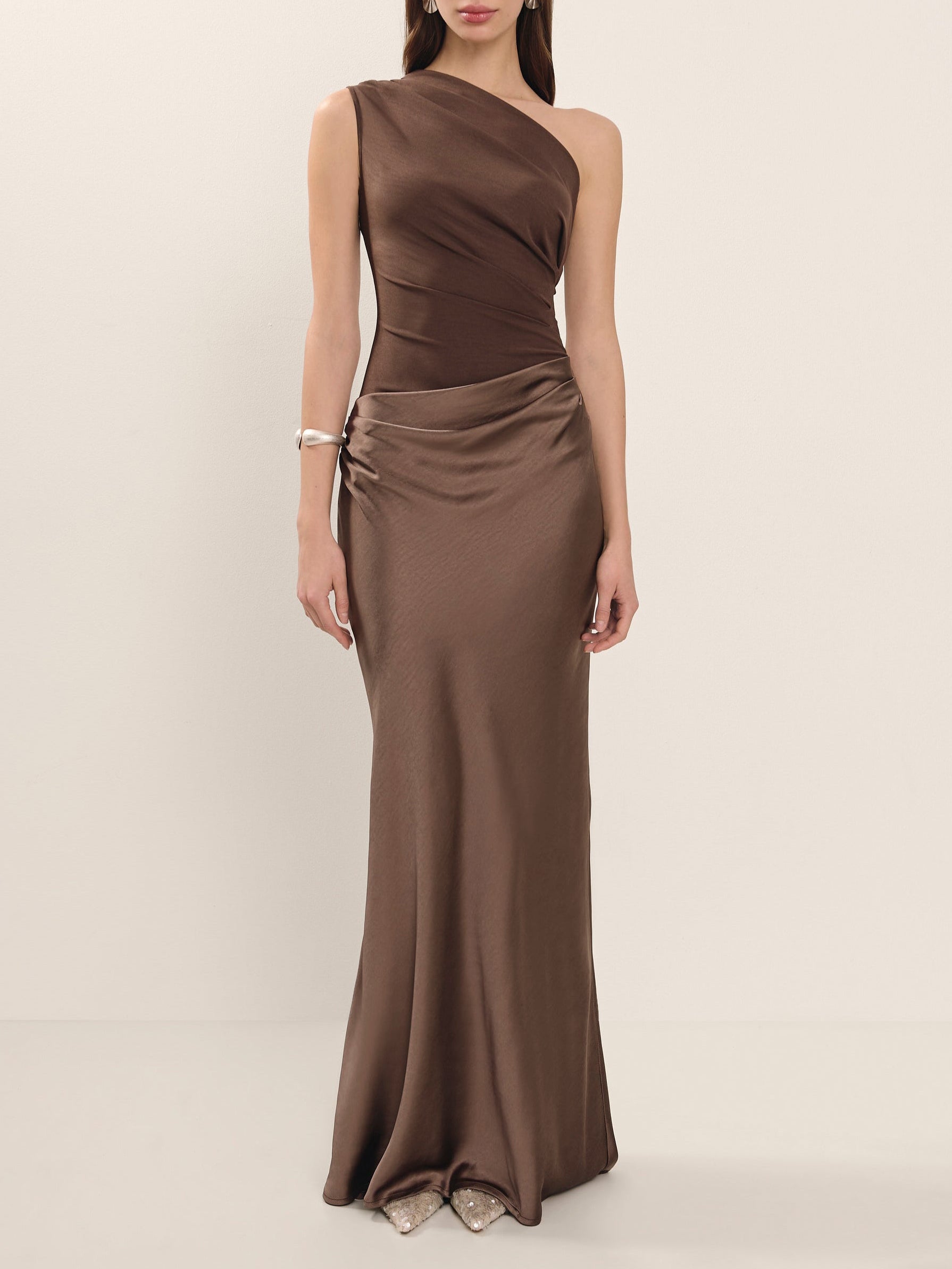 Brown One Shoulder Paneled Satin Dress
