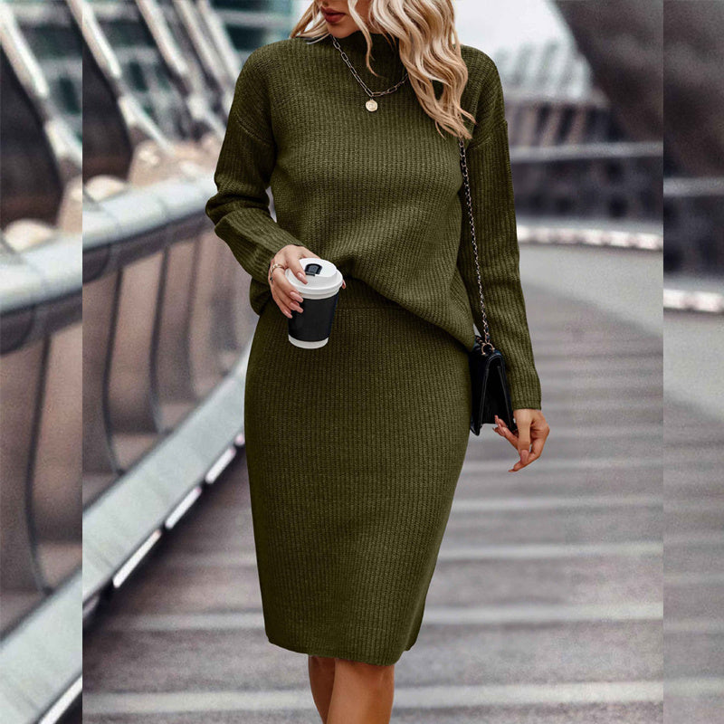 European And American Autumn And Winter Solid Color Long Sleeve Fashion Mock Neck Sweater Women's Suit