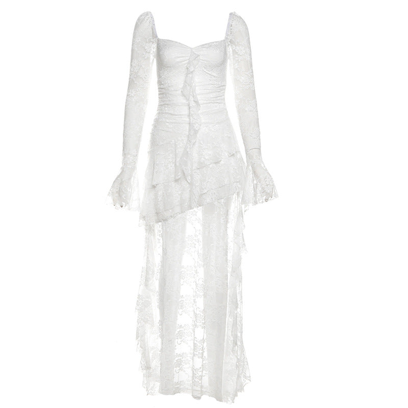 New Fall Women's Clothing Solid Color High Waist Fashion Square Collar Long Sleeve Lace Stitching Dress