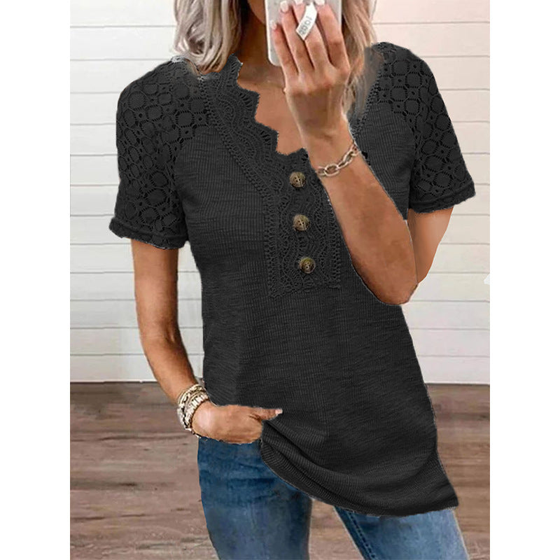 Casual Solid Color Lace V-neck Patchwork Top T-shirt With Short Sleeves