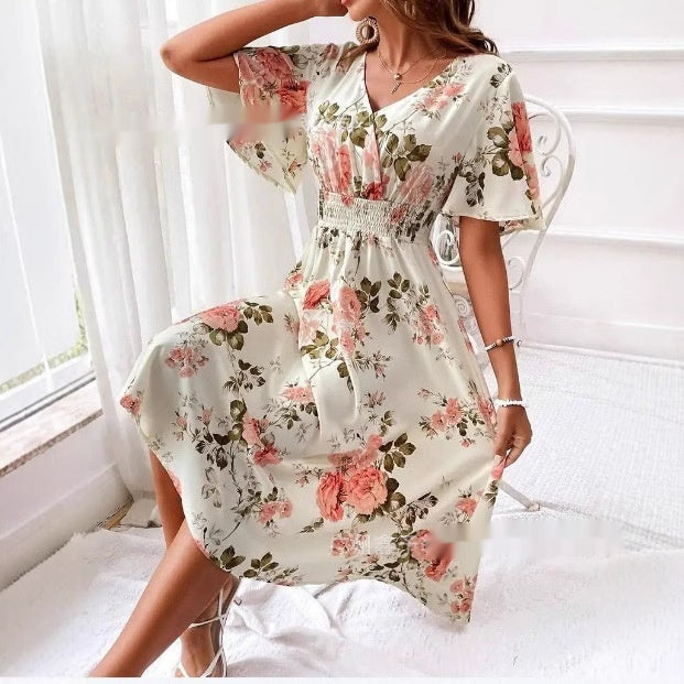 Ladies New Plant Flower Print Belt Smocking Dress