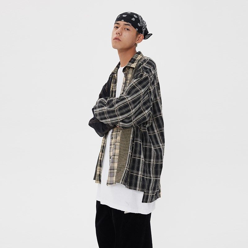 American Retro Stitching Plaid Casual Shirt For Men