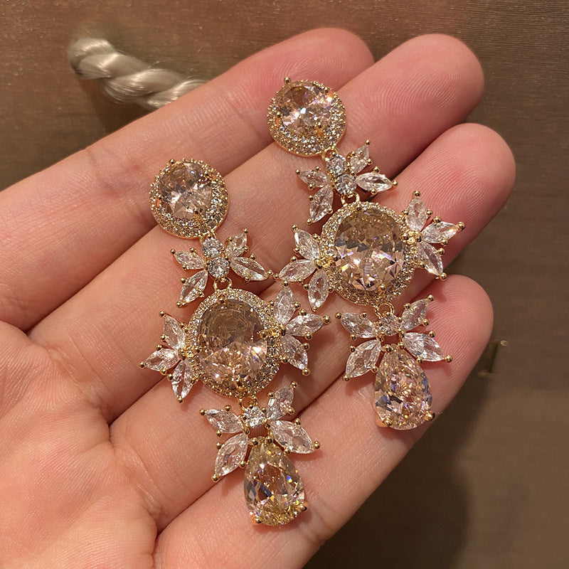 Large Diamond Crystal Flower Earrings Luxurious And Elegant