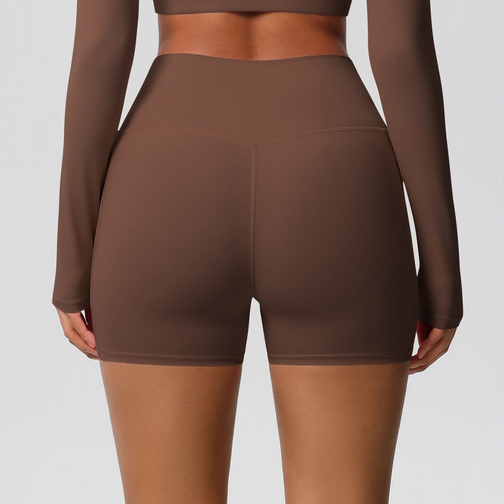 Brushed Solid Color Pocket High Waist Tight High Elastic Yoga Shorts