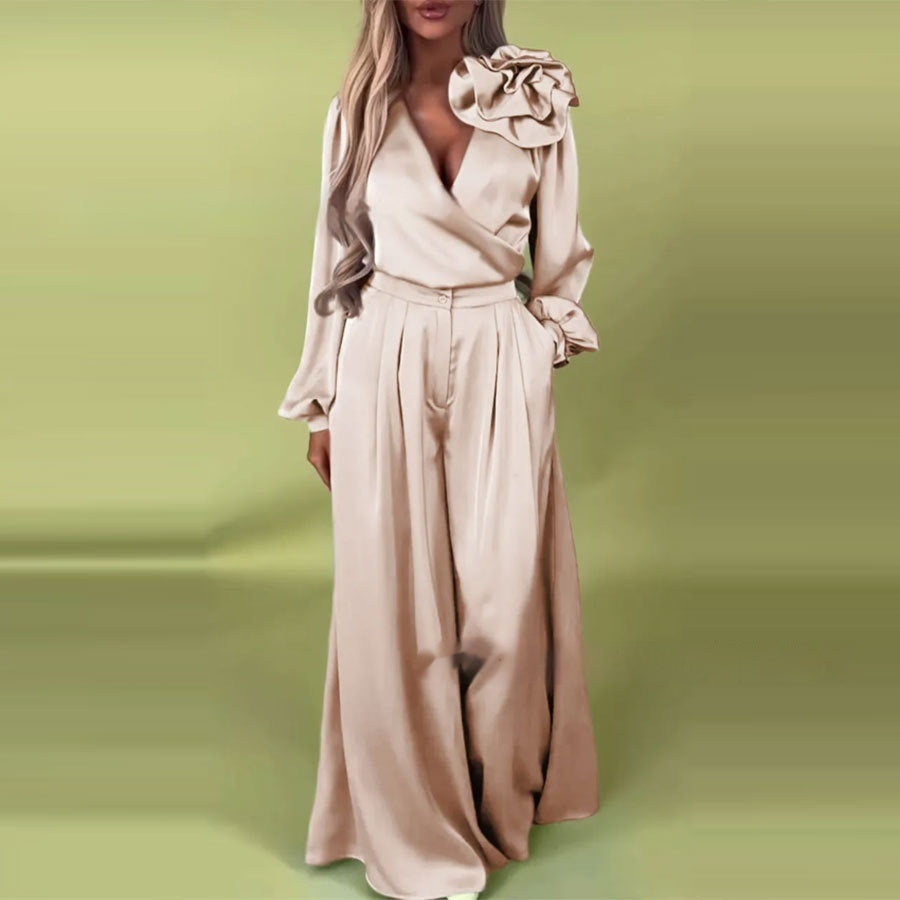Women's Luxury Elegant V-neck Satin Long Sleeve Top Wide Leg Pants Suit