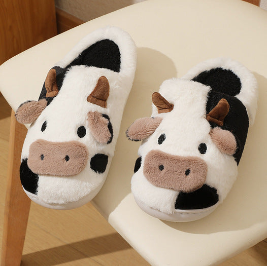 Indoor Home Cartoon Cow Fur Cotton Slippers Female
