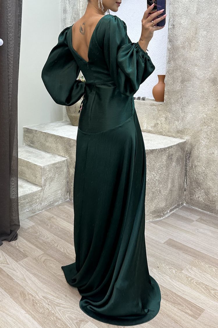 Fitted Waist Pleated Long Sleeve Temperament Slimming Dress
