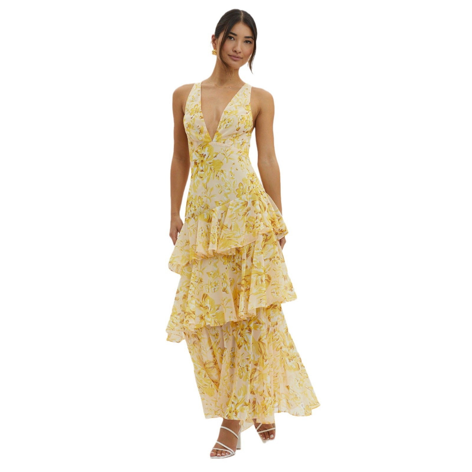 Women's Spaghetti-strap Floral Print Backless Multi-layer V-neck Dress