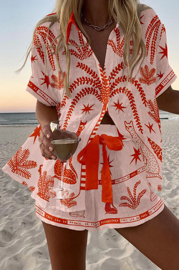 Women's Fashion Printed Casual Vacation Style Cardigan Shorts Suit