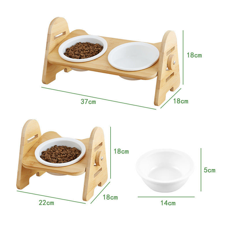 Cat Bowl Solid Wood Ceramic Double Bowl Oblique Mouth Pet Bowl Protecting Cervical Spine Cat Food Bowl Cat Food Bowl