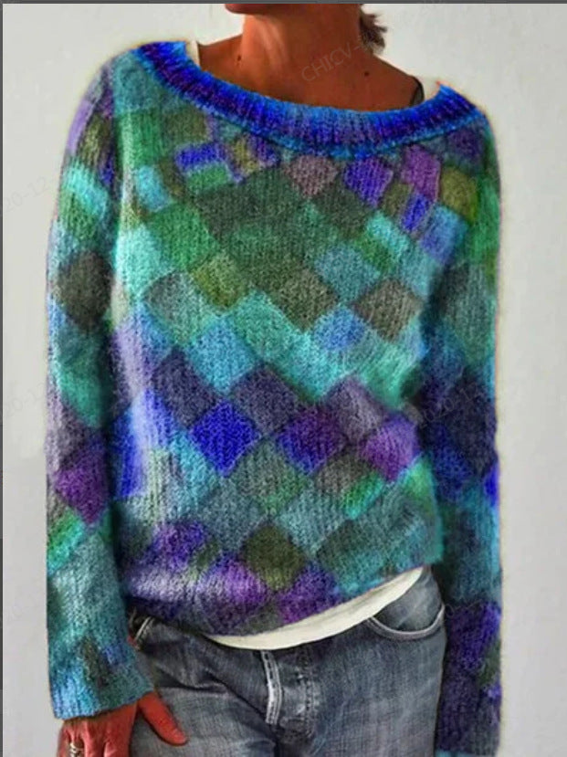 Printed Long Sleeve Collar Sweater Women's Polyester Multi-color Retro