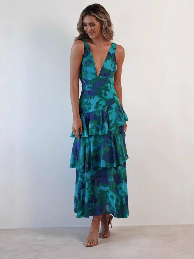Women's Spaghetti-strap Floral Print Backless Multi-layer V-neck Dress