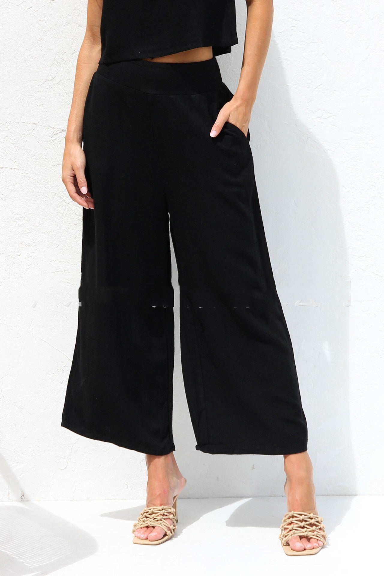 Casual Sleeveless Buckle Vest Cropped Double Pocket Wide Leg Pants Suit