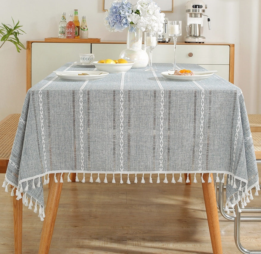 Cotton Linen Tablecloth Solid Color Hollow Striped Design Cover Cloth