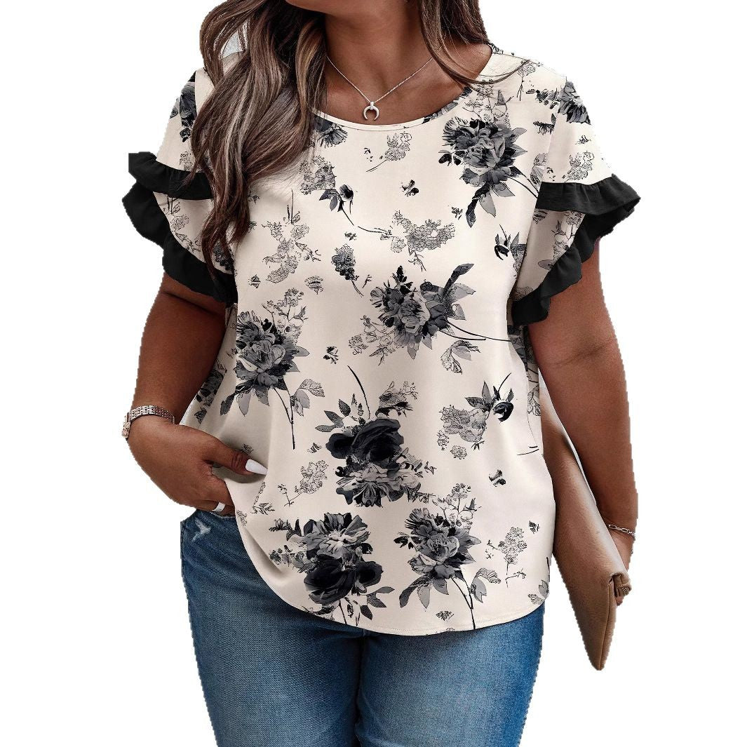 Round Neck Sleeve Stitching Pleating Printed Short Sleeve Casual