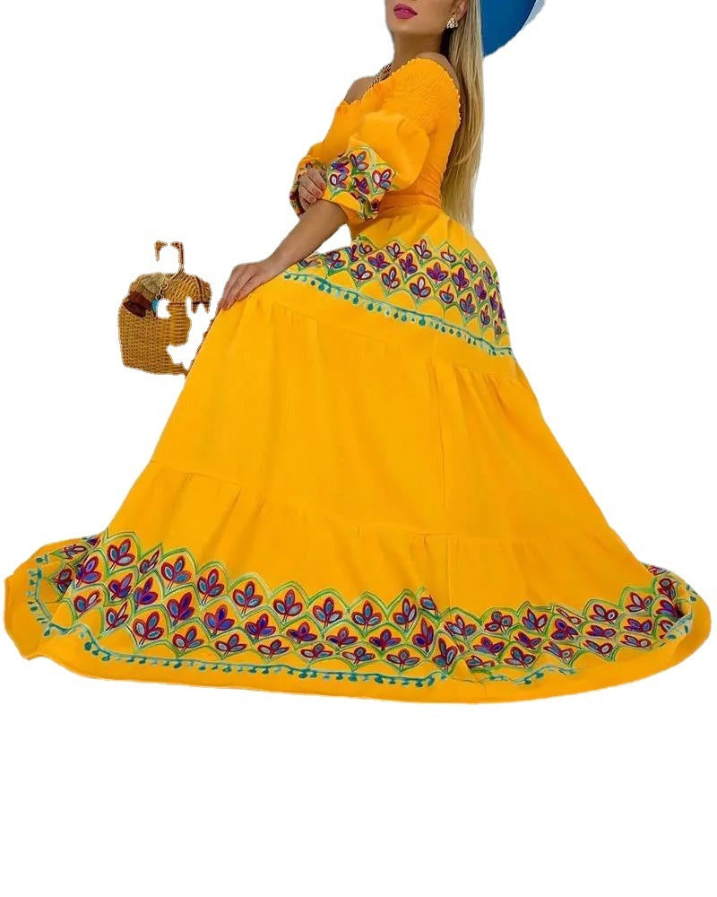 High Waist Temperament National Style Printed Strap Type Loose Yellow Dress