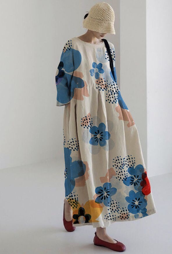 Summer European And American Women's Loose Round Neck Fashion Advanced Long Sleeve 3D Printing Dress