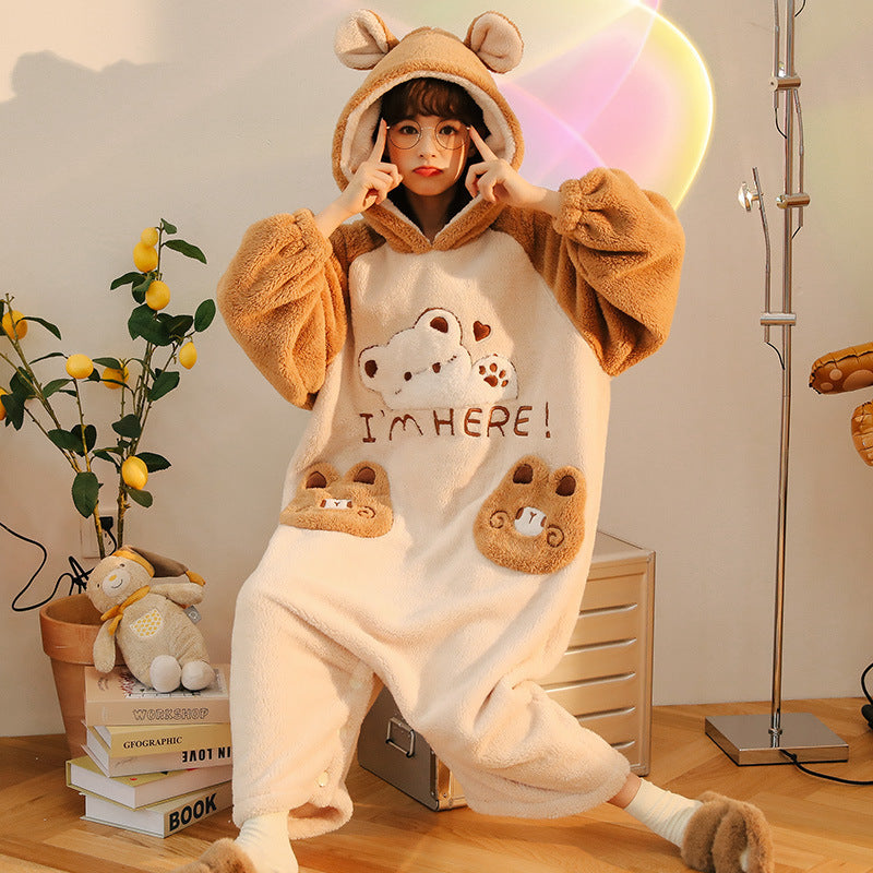 One Piece Pajamas Women's Coral Wool In Winter