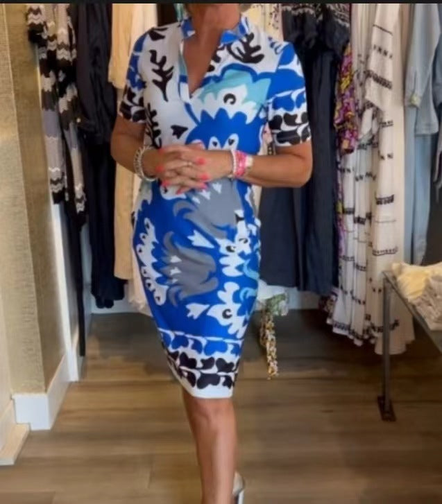 Women's Graceful And Fashionable Short Sleeve Printed V-neck Dress