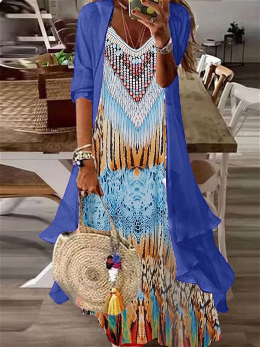 Two Piece Set Of Half Sleeved Printed Casual Retro Sexy Dress