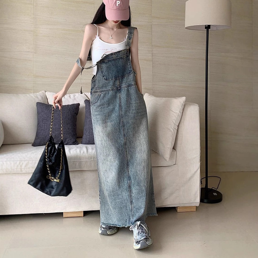 All-matching Retro Anti-aging Sleeveless Strap Dress Women's Spring And Summer Leisure Loose Slimming And Straight Denim Long Skirts