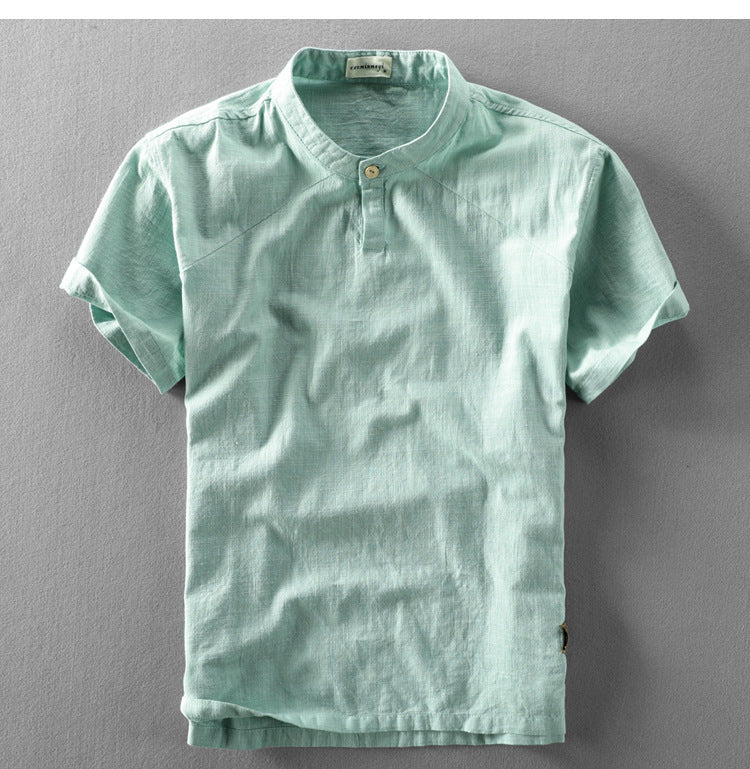 Casual Chinese Style Loose Standing Collar Cotton Linen Short Sleeved Shirt