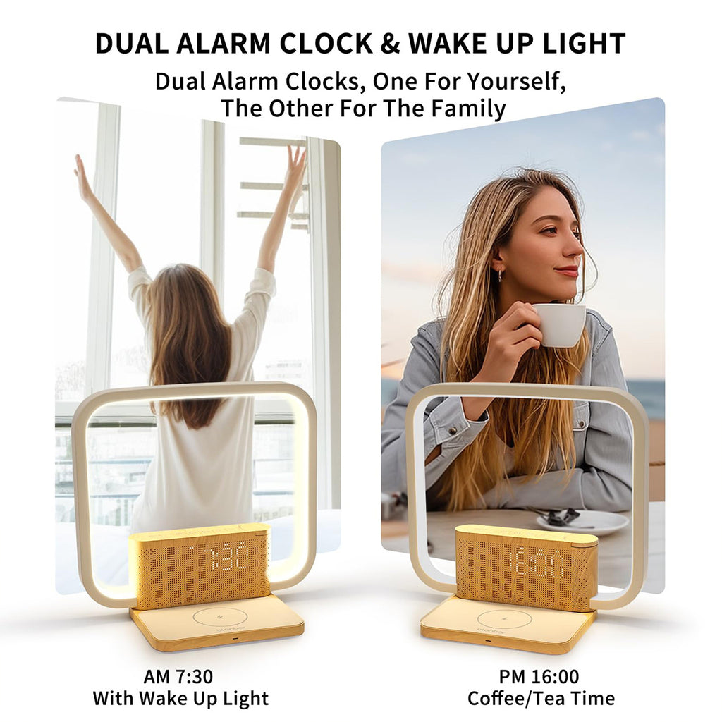 Bedside Lamp Double Alarm Clock 10W Wireless Charging Natural Sound Wake-up Light