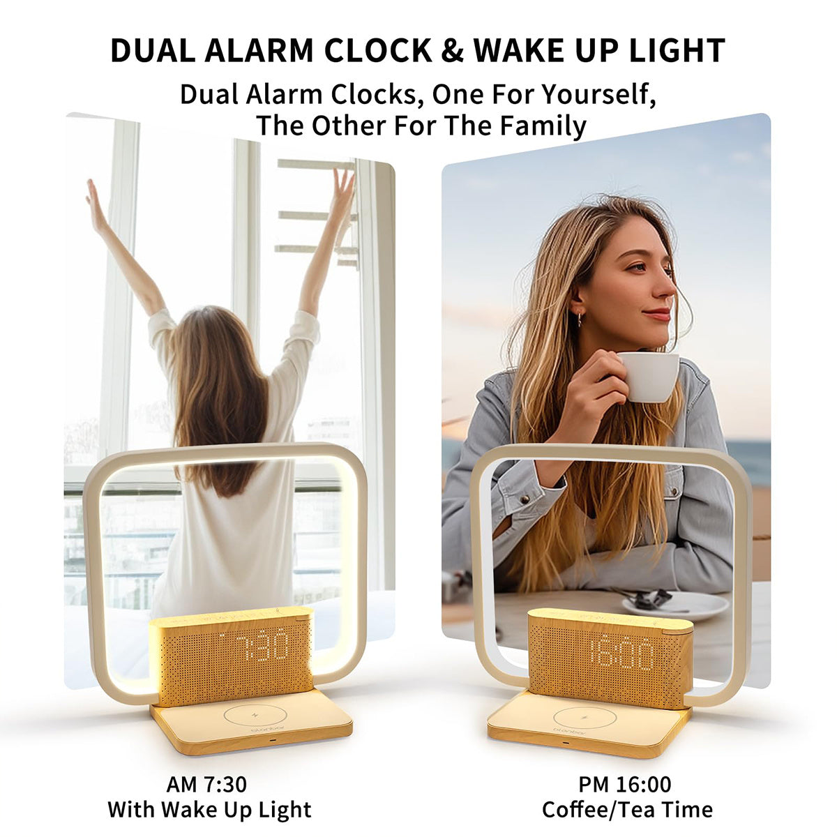 Bedside Lamp Double Alarm Clock 10W Wireless Charging Natural Sound Wake-up Light