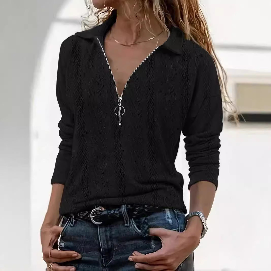 Lapel Solid Color Texture Series Zipper Women's Top