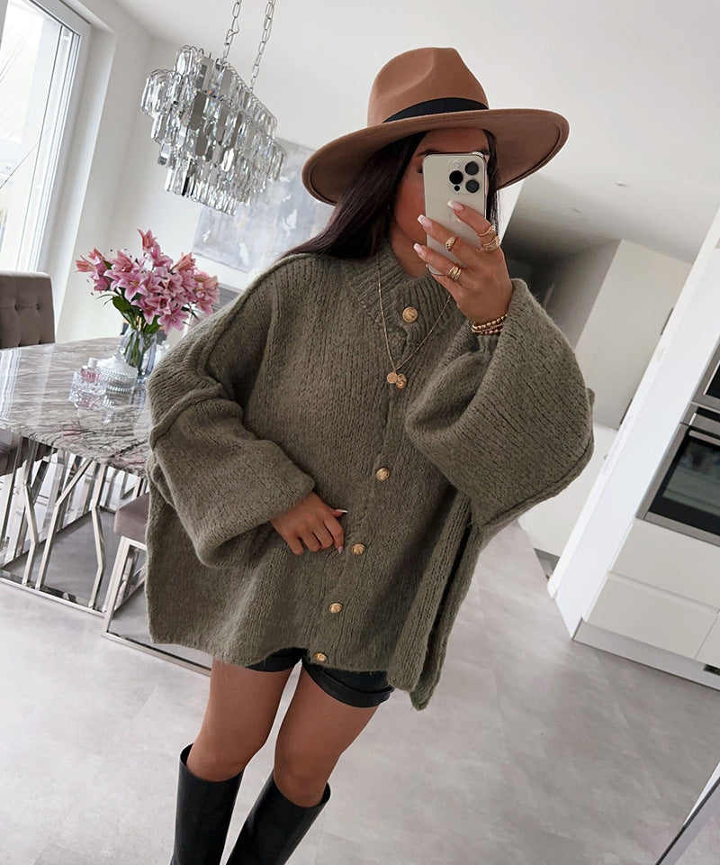 Autumn And Winter Solid Color British Style Vintage Button Cardigan Batwing Sleeve Sweater Coat