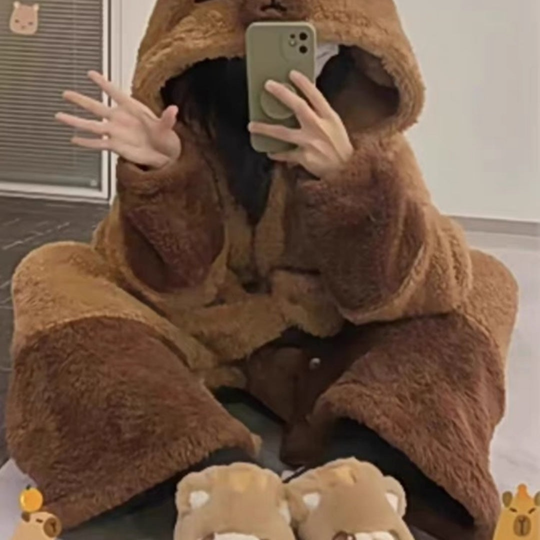 Capribala Dolphin Door Coral Fleece Thickened One-piece Pajamas Trousers Suit